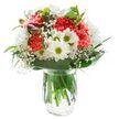 Awash in gentle daylight, this bouquet sings with the natural vibrancy that characterises Mill Hill's gardens and parks. The ensemble centres on plush coral carnations, each bloom swirling with movement and vitality from its densely ruffled petals. Encircling them, white daisies open brightly, their vivid green-yellow hearts lending a burst of optimism and purity reminiscent of freshly blooming meadows along Mill Hill's countryside edges. Baby's breath weaves throughout, its tiny white blossoms lending a cloud-like softness that tempers the bold colours. Peeking from the left, magenta alstroemeria buds await their moment to bloom, adding depth and subtle intrigue. Surrounding the flowers, glossy, broad green leaves cradle the bouquet, while slender foliage reaches upward, enhancing the organic, thoughtfully balanced silhouette. Standing proudly in a clear glass vase brimming with water, the sturdy green stems are clearly visible, bearing silent witness to their local freshness. This bouquet promises to uplift-inspiring positivity, gratitude, and celebration-making it an ideal gift for any special occasion delivered with care throughout Mill Hill, whether to a welcoming home near the Broadway or a sunny spot above the bustling local shops.