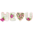 Set against a pristine, brilliant white background, this crafted tribute reads H E (heart) U with the kind of careful hand a florist gives to every commission. The H, E and U are formed from tight, cloud-like clusters of pure white chrysanthemums, their petal-packed surfaces soft to the eye and lending a quiet, serene texture. Each letter is neatly edged with a ruffled blush-pink satin ribbon that adds a subtle sheen and a touch of tenderness along the crisp contours. Bright fuchsia-pink roses punctuate the composition: a clustered accent at the base of the left stroke of the H, a bold trio along the central bar of the E, and a warm pair nestled in the inside curve of the U, each set against deep green, fern-like foliage and tiny reddish-pink berries that add contrast and a hint of autumnal spice. The central heart is a softer, more romantic counterpoint - a lush mosaic of pale pink carnations, blush lisianthus or small roses, and creamy blooms threaded with pale green eucalyptus leaves that give the heart depth, scent and a cool silvery lift. The overall palette - white, blush, soft pink, fuchsia and verdant greens - reads as both a declaration of love and a reverent memorial, depending on the occasion. Under soft daylight the satin ribbon catches a faint glow while the eucalyptus lends a gentle, refreshing fragrance. As a Mill Hill arrangement, placed by a local florist for remembrance at a chapel or as a personal tribute delivered to Mill Hill Broadway or the village, it communicates purity, tenderness and enduring affection with quiet, professional grace.